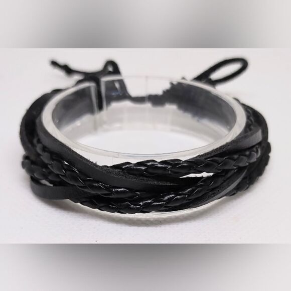 Men's leather bracelet braided layered black new e50 - Picture 1 of 1